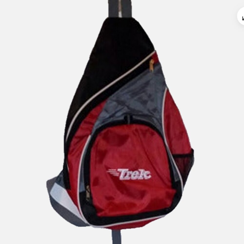 Trek Sling Bag Red Black Lightweight Nylon Crossbody Backpack w/ Headphone Port